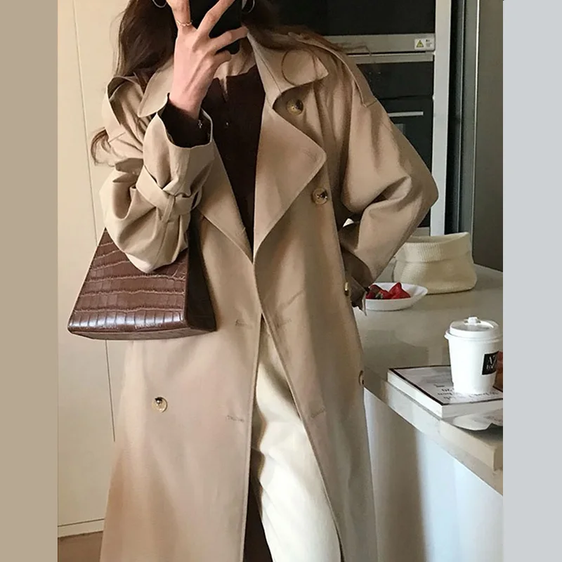 Длинный плащ цвета хаки женский новинка 2025 весна-осень корейское шикарное пальто
