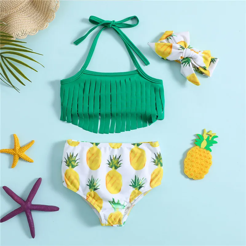 

2023 New Fashion Hot Spring Beach Swimming Suit 70-100cm Bikini Bathing Suit Green Halter Neck 3-piece Bow Summer Swimsuit