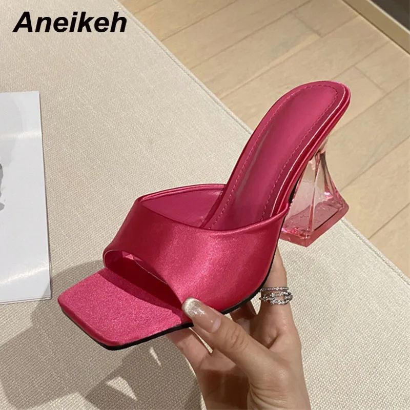 

Aneikeh Summer Fashion PU Square Toe Beach Mules Slippers NEW Women Shoes Spike Heels Slides Party Wedding Concise Solid Green