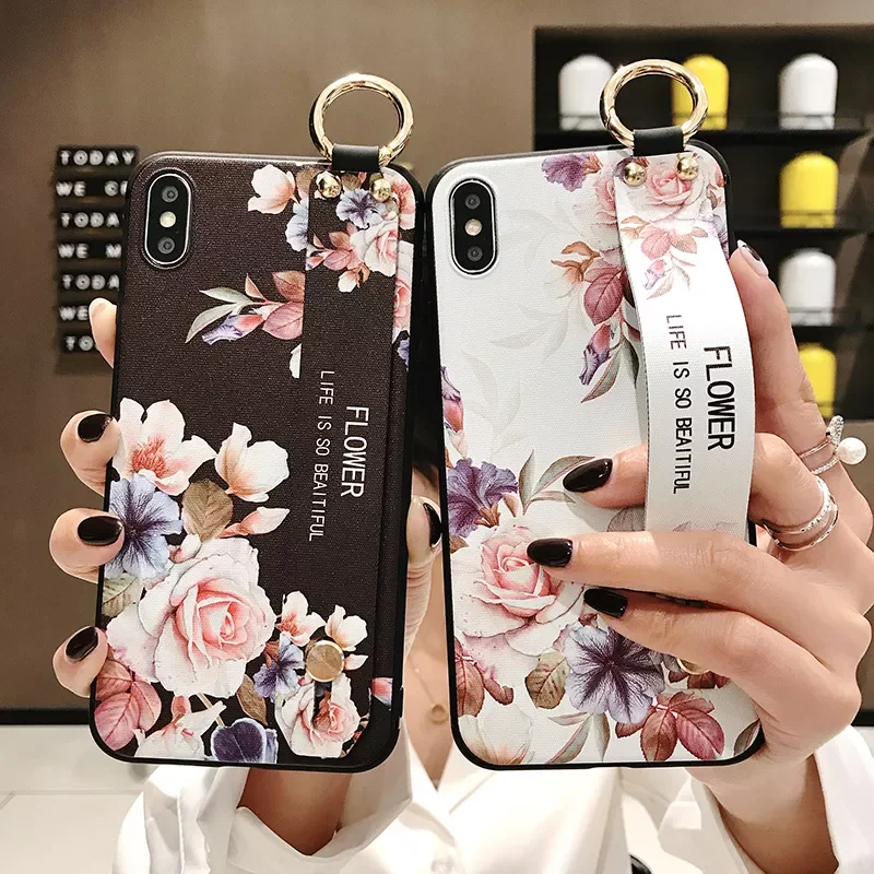 

Rose Flowers Wrist Strap phone Cases For iphone 13 12 11 pro MAX X XR XS MAX 7 8 6s Plus Cover Hand Band Cases Soft TPU Relief