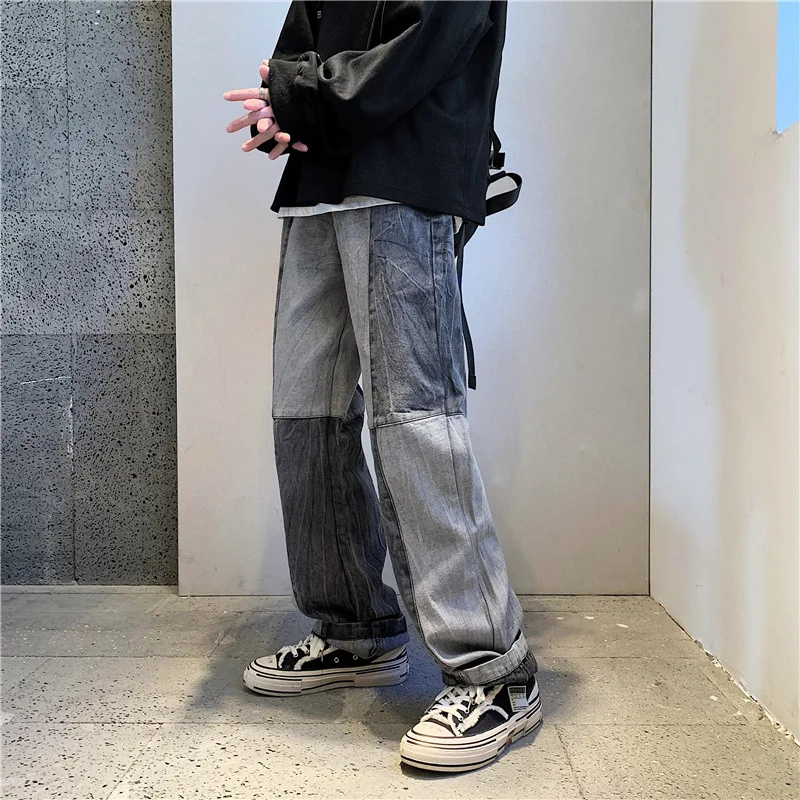 

New Men's Relaxed Fit Jeans Fashion Straight Loose Patchwork Wide Legs Comfortable Male Street Trend Hip Hop Baggy Denim Pants