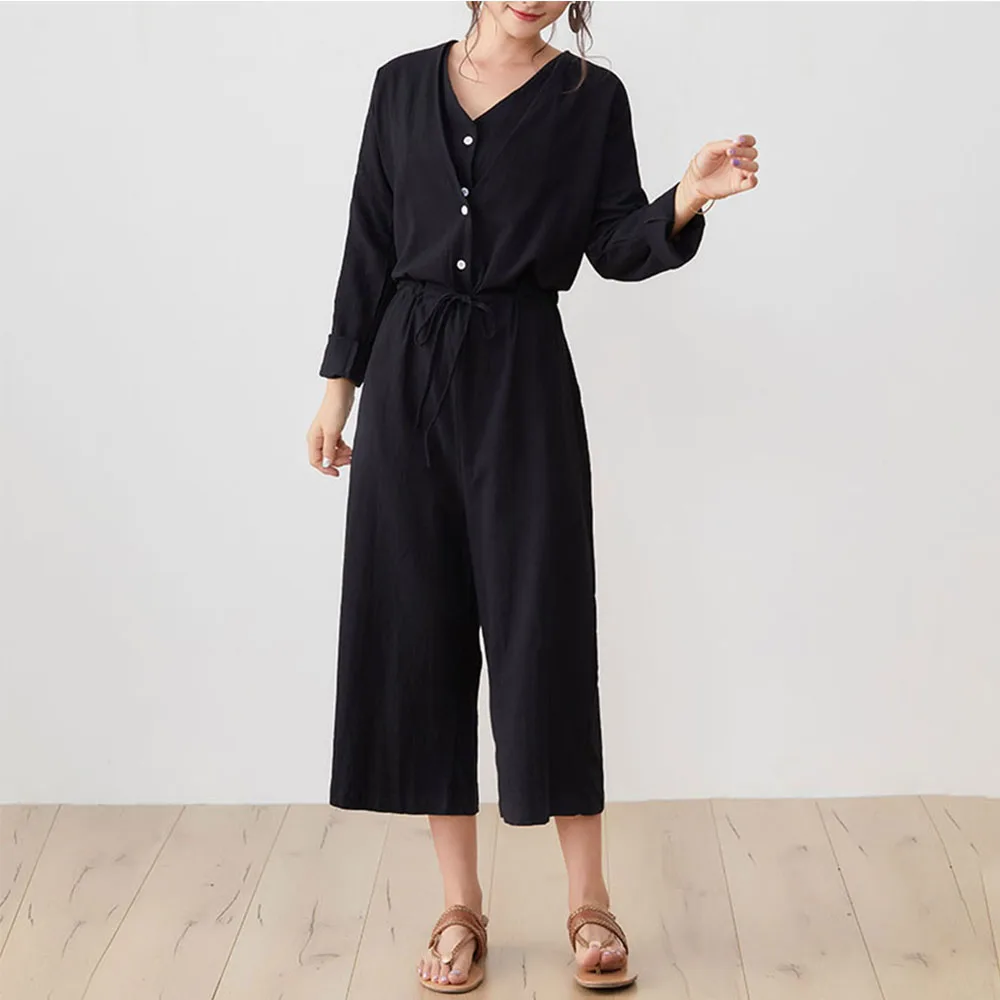 

Women's Jumpsuit Casual Loose Plain Ankle Length Lace-Up Mid Waist Wide-legged Jumpsuit Nine-point Pants BF Rompers Black Tide