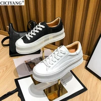 ciciyang chunky sneakers women 2022 spring new biscuit shoes genuine leather cross tied platform casual ladies white waffle shoe