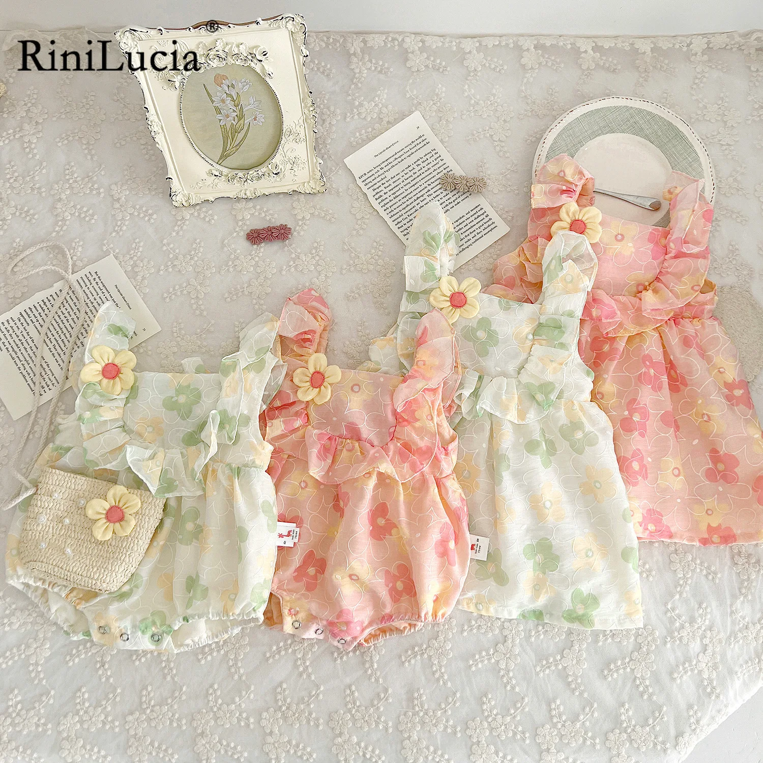 

RiniLucia Sweet Newborn Baby Girl Princess Jumpsuit Sleeveless Girls Bodysuit 2023 New Sisters Clothing Summer Outfits Clothing