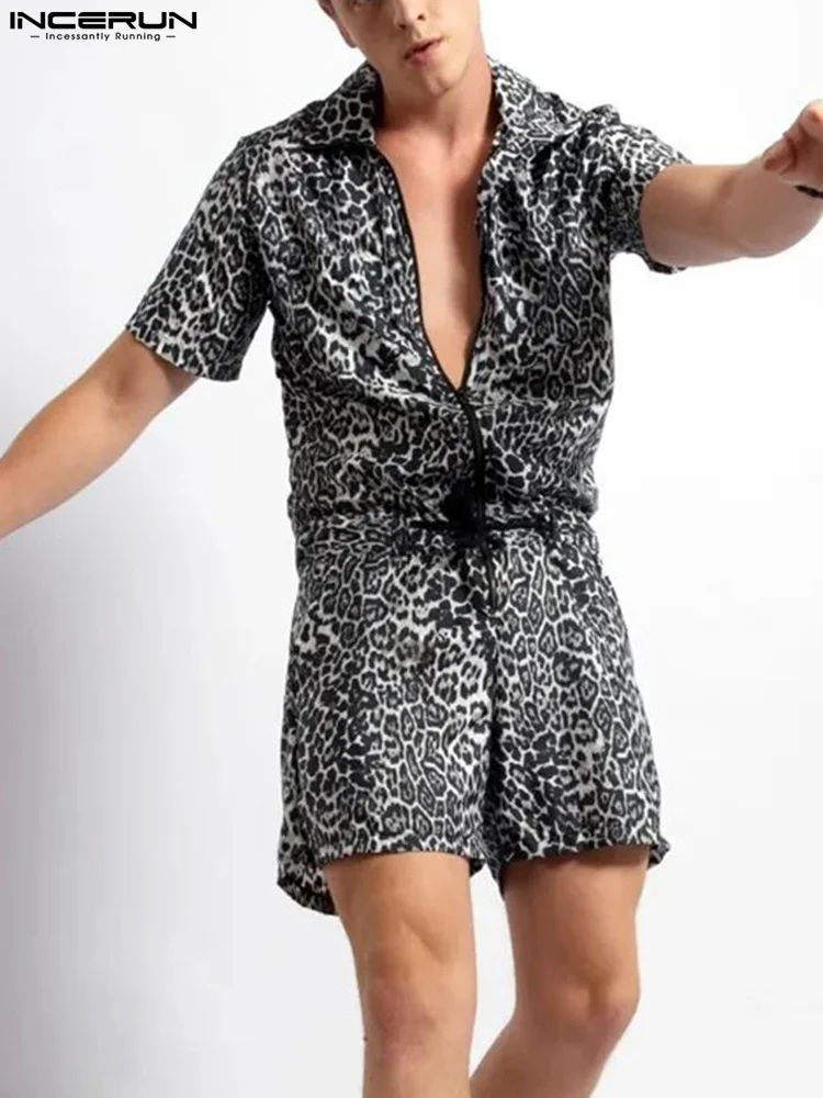 

Модные повседневные стильные топы INCERUN, мужские сексуальные комбинезоны с леопардовым принтом, стильные комбинезоны на молнии со шнуровкой...