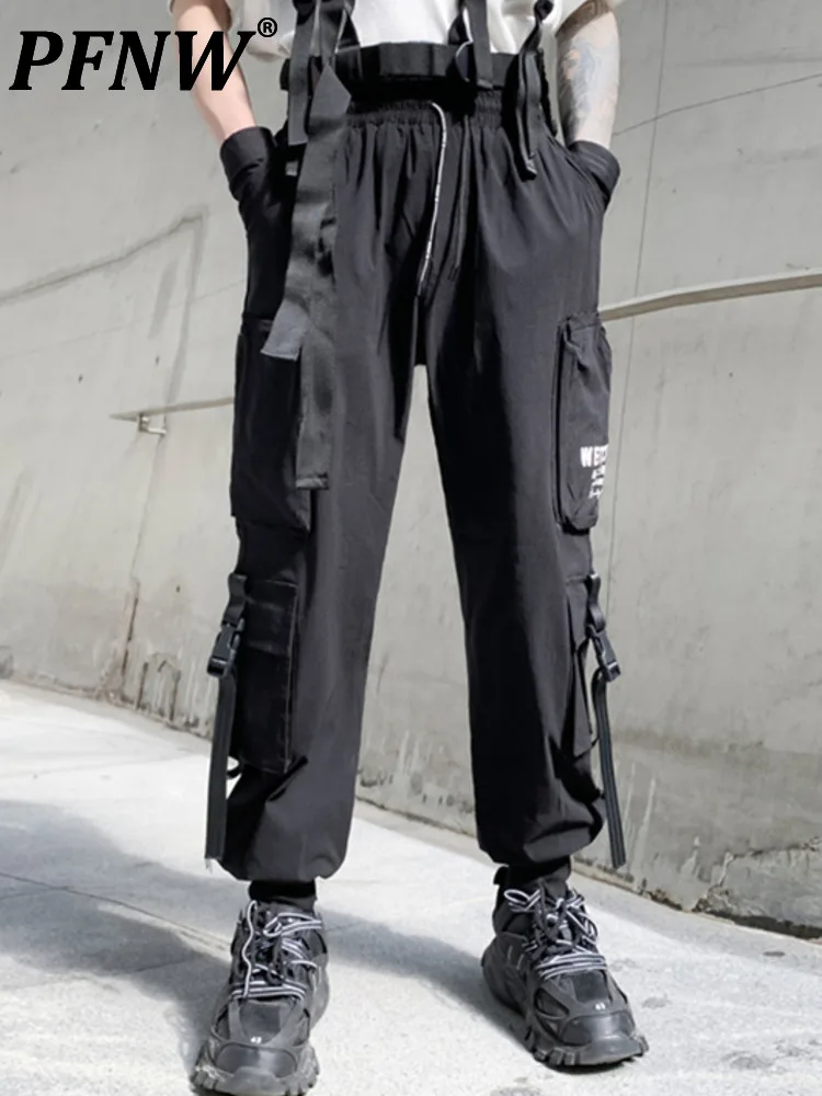 

PFNW Webbing Splice Dark Style Cargo Pants Men‘s High Street Streetwear Elastic Waist Techwear Pencil Trousers Male Darkwear