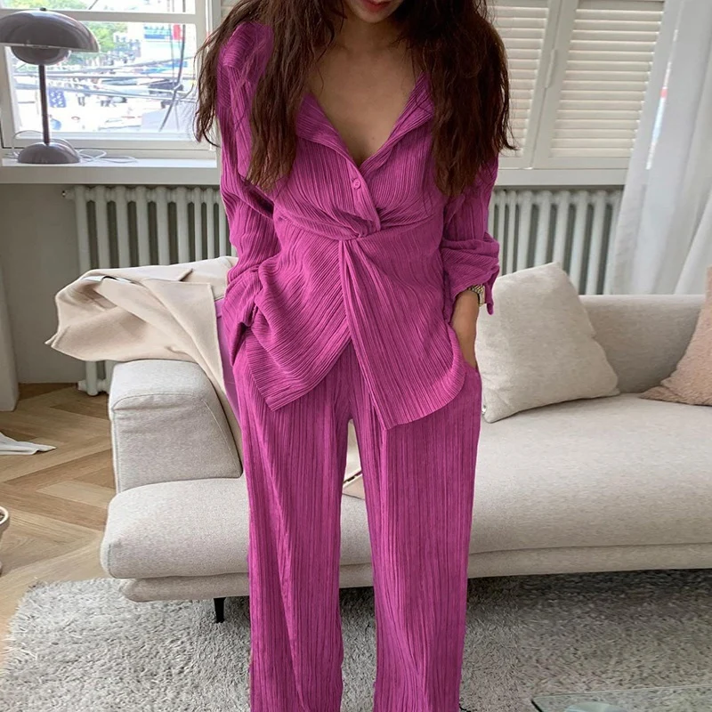 

Autumn Women Casual Fashion Shirt Two Piece Set Elegant High Street Loose Chic Buttoned Blouse + Pocket Long Pants Suits Outfits