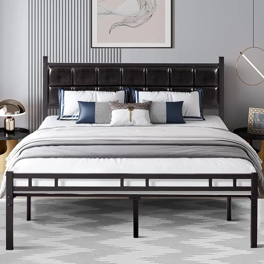 

VECELO Full Bed Frame with PU Upholstered Headboard, Heavy Duty Platform Bedframes, Metal Slats Support, No Box Spring Needed