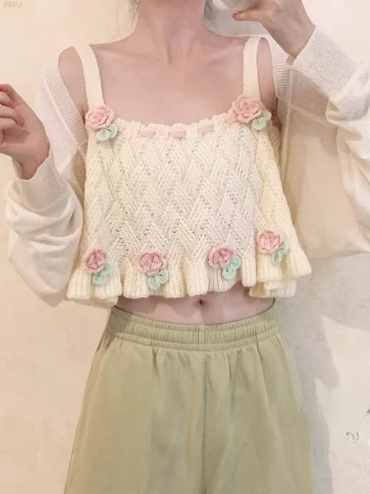 Трикотажный милый жилет Kawaii женский элегантный с цветами в японском стиле на