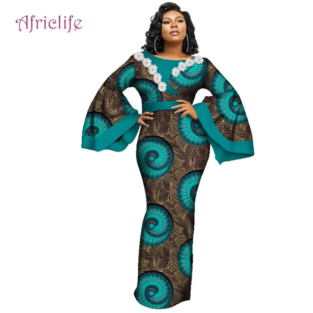 

African Dresses for Women Lady Flare Sleeve High Waist Dashiki Ankara Print Traditional Clothing Plus SizeWY3241