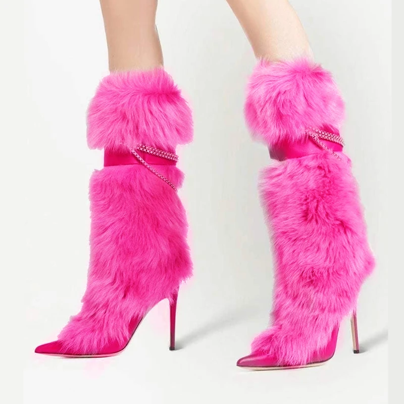 

Rosey Furry Women Mid-calf Boots Pointed Toe High Heel Dress Shoes Winter Designer Chains Botas Mujer Fashion Slip-on Stiletto