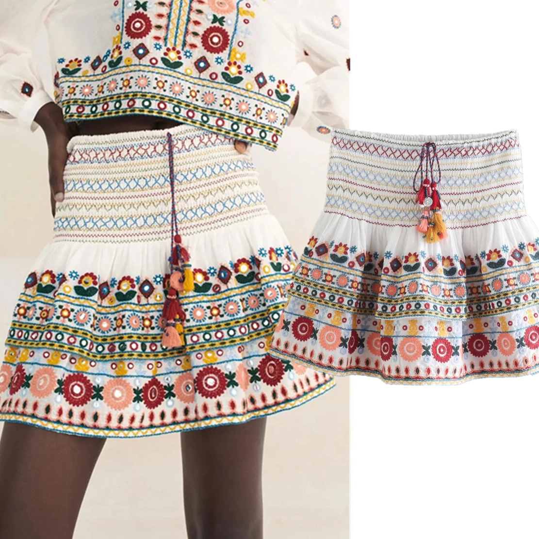 

Maxdutti Indie Folk Bohemian Floral Embroidery Skirts Tassles High Waist Cascading Skirts Sexy A-line Mini Skirts Women