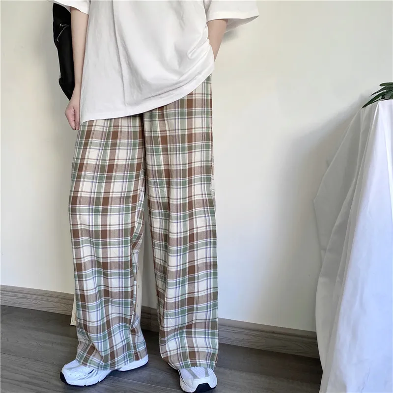 

Women Jogger Pants High Waist Wide Leg Pull-on Plaid Track Pants Ladies Trousers Streetwear Harajuku Outfits /