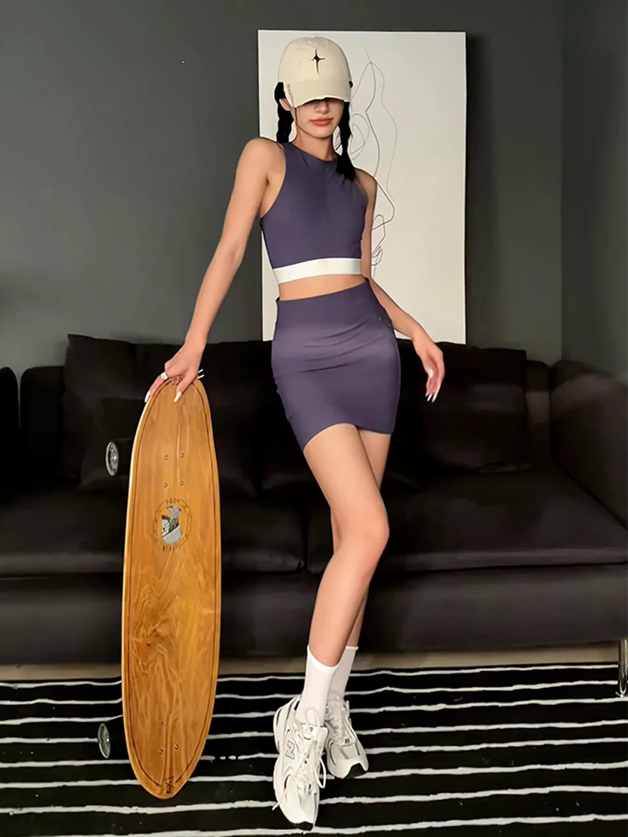 

Sexy hot girls' split vest, Hip Wrap Skirt, short skirt, two-piece set, careful machine elastic knitting sports blue purple suit