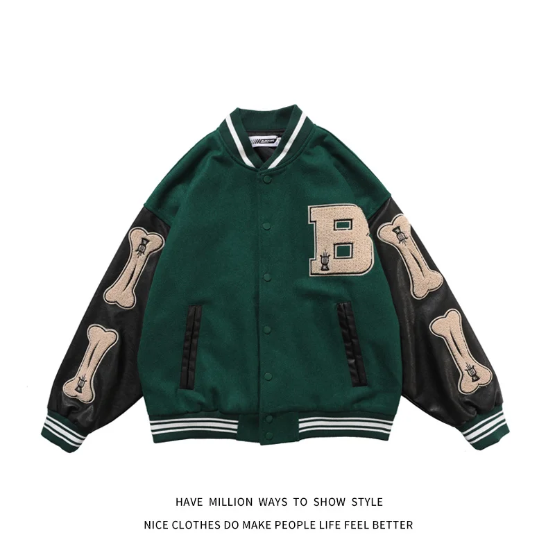 

New Arrival Bone Embroid PU leather Sleeve Men's Baseball Bomber Jacket Unisex Women's Boyfriend Style Varsity letter Coat