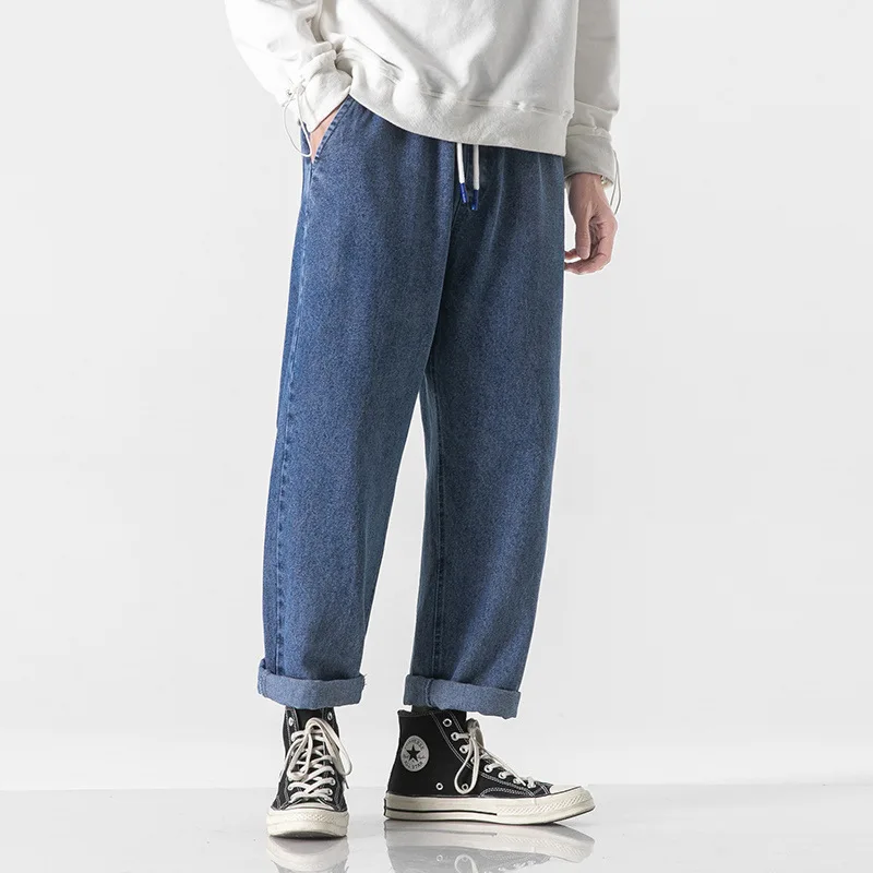 

Однотонные джинсы в гонконгском стиле с эластичным поясом, мужские Весенние Новые повседневные укороченные брюки, крупные мужские брюки с застежкой