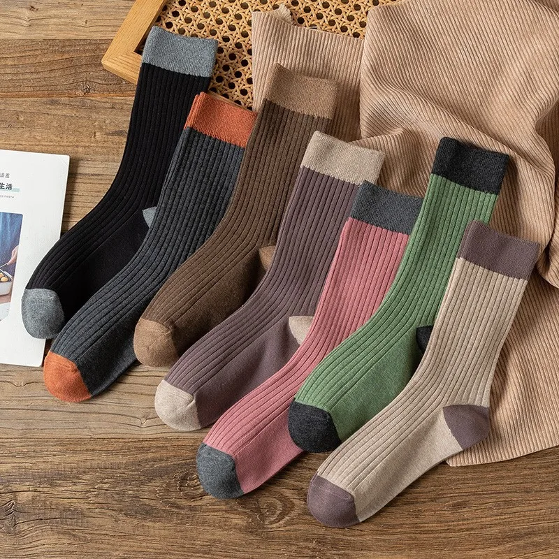 

Универсальные однотонные носки средней длины на весну и осень, популярные хлопковые носки контрастных цветов в стиле Харадзюку