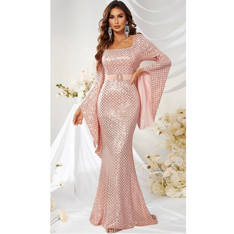 Elegant Ladies Flare Sleeve Square Collar Pink Sequined Evening Gown Prom Cocktail Mermaid Long dress Women Clothing