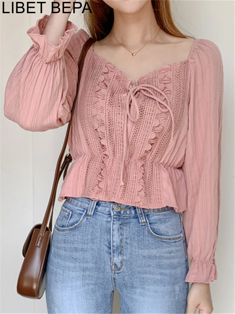 

BL2076 New 2023 Patchwork Elegant Lady Lace Up Sweet Chic Korean Fashion Women Blouses Shirts Spring Vintage Pink Short Tops