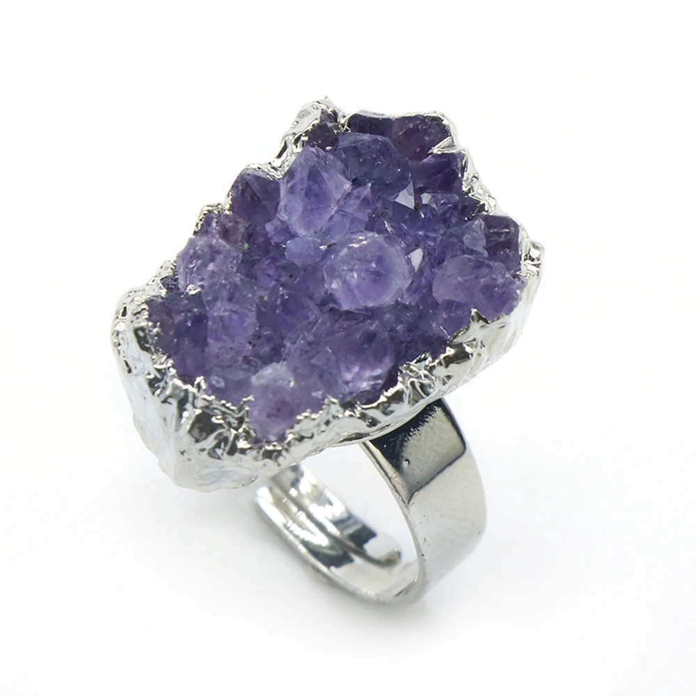

1PC Natural Stone Rings Reiki Heal Amethysts Druzy Adjustable Ring Trendy Party Wedding Gifts For Women Or Girlfriend Jewelry