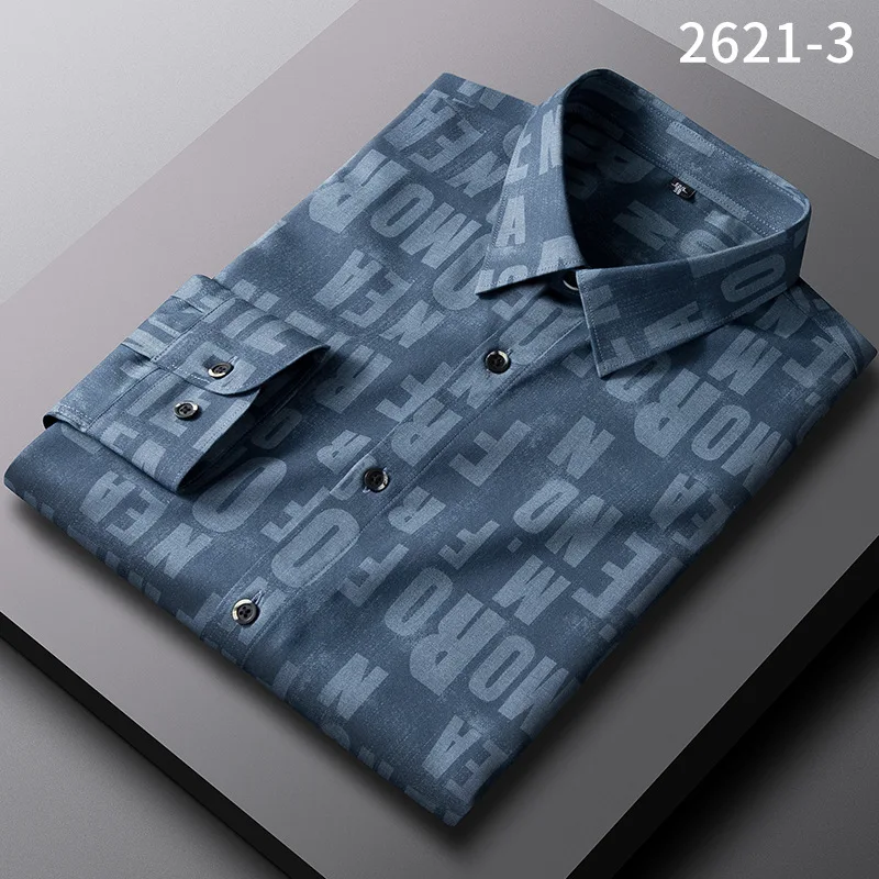 Bamboo Fiber Spring New Long-sleeve Shirt Male Senior Sense Business Slim Print Shirt Mens Shirts Slim Fit Shirt Men Clothing