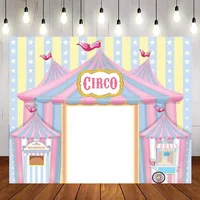 Circus Theme Photography Background Pink Blue Stripe Tent Birthday Party Banner Poster Backdrop for Baby Shower Girls Boys 1st