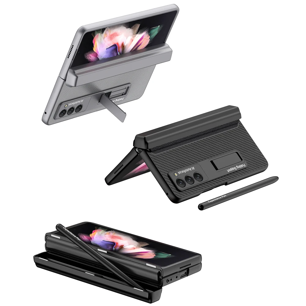 Plain Leather Magnetic Hinge Box Case for Samsung Galaxy Z Fold 2 5G S Pen Slot Holder Kickstand Hard Cover With Touch Pen