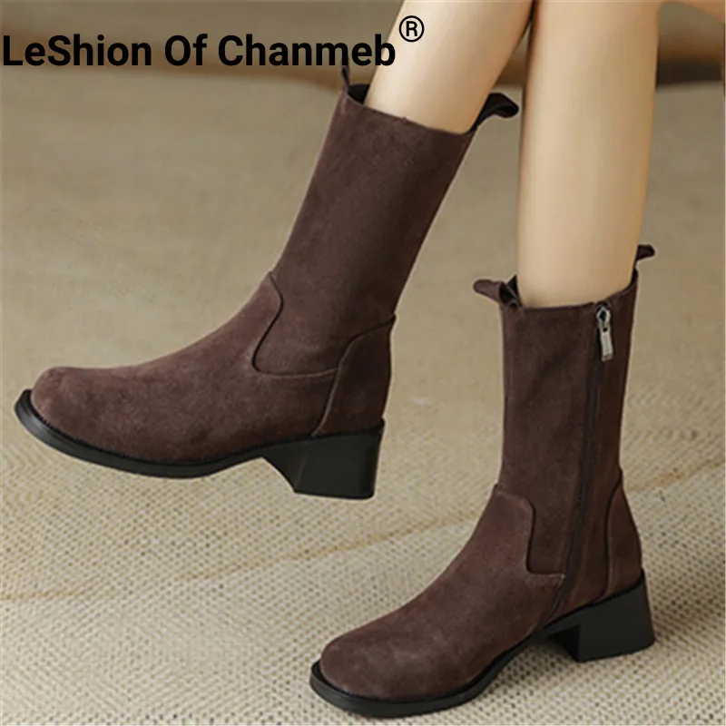 

LeShion Of Chanmeb Women Cow Suede Mid-calf Boots Block Medium Heels Round Toe Zipper Chelsea Boots Woman Autumn Winter Shoes 43