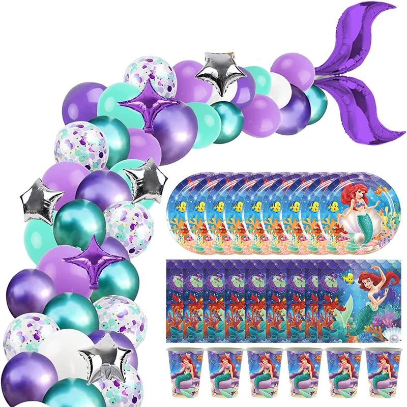 Disney The Little Mermaid Birthday Decoration Tableware Cup Plate Balloon Tablecloth Backdrop Event Supplies For Kids