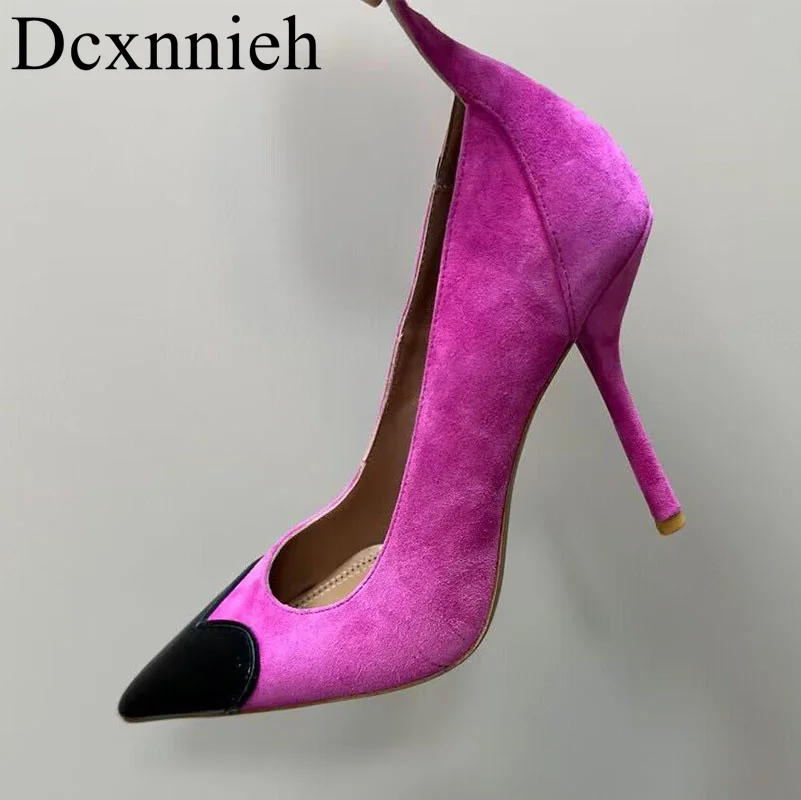 

Women Thin High Heel Pumps Cow Suede Pointed Toe Heart Shaped Color Patchwork Single Shoes Spring Autumn Party Dress Shoes 2023