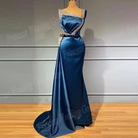 elegant navy blue satin evening dress for woman mermaid beading dance prom party gown guest 2022 with pleat chic robe de soriee