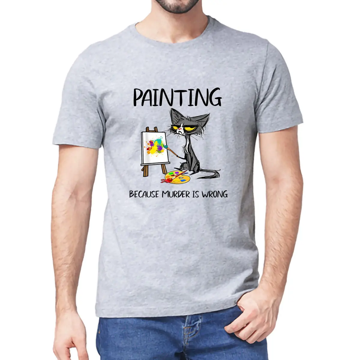 

Painting Because Murder Is Wrong Funny Gift Ideas Cat Lovers Retro Retro Men's 100% Cotton Novelty T-Shirt Unisex Humor Funny