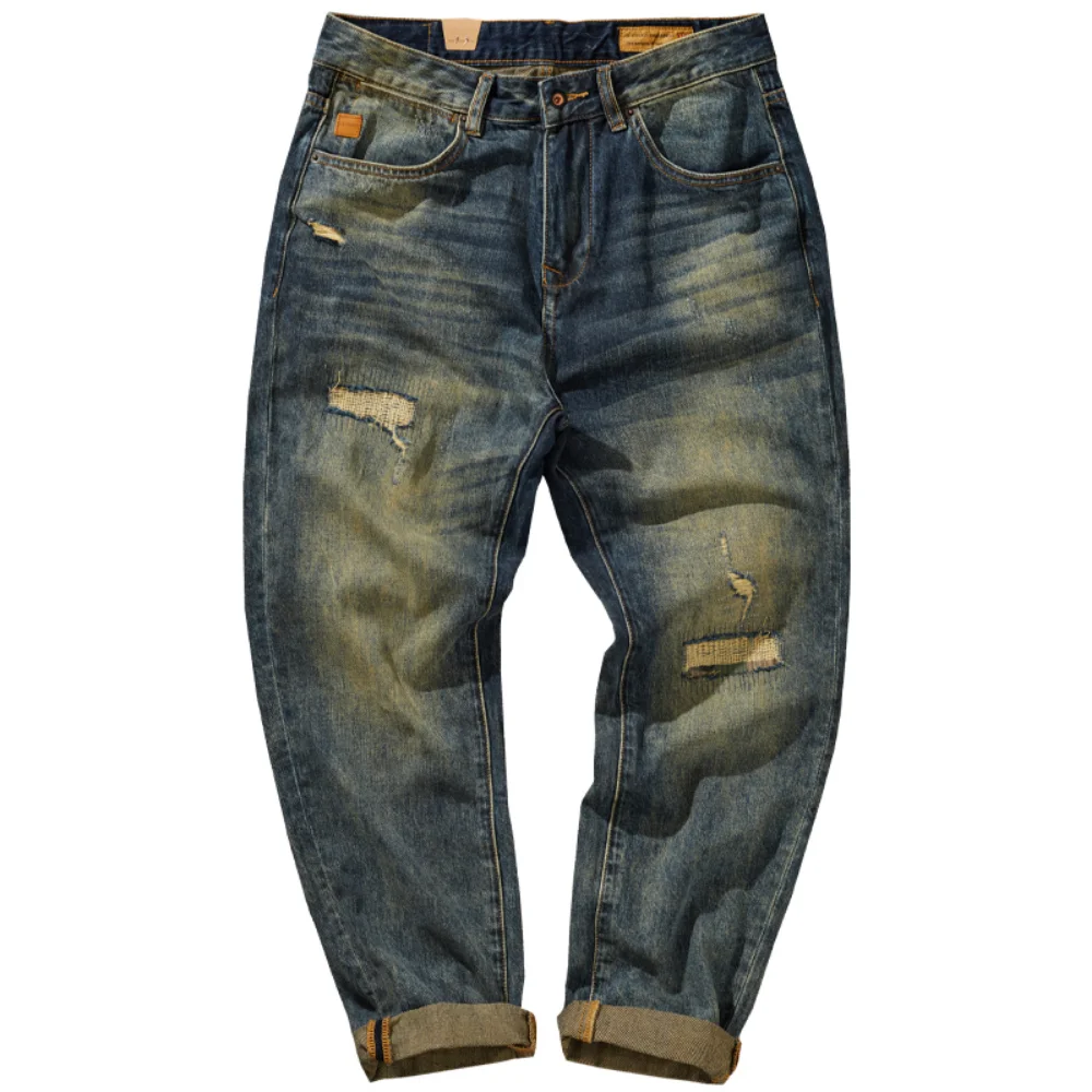 Loose Straight Leg Jeans for Men with Patched Holes and Distressed Wash