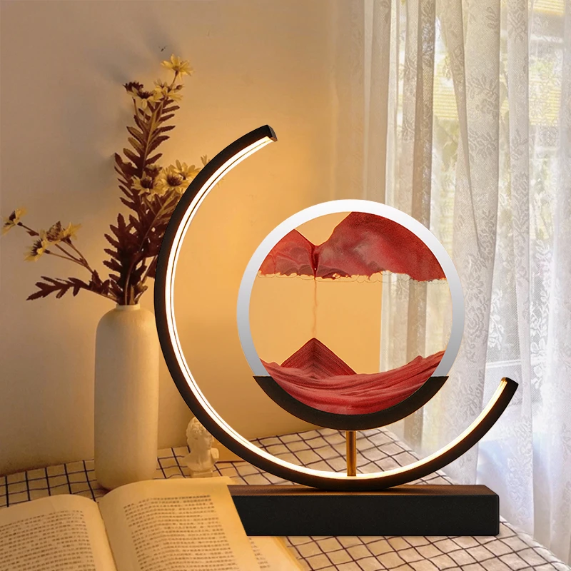 

LED Quicksand Bedside Table Lamp Night Light Bedroom 3D Flowing Art Moving Sand Scene Dynamic Round Glass Hourglass Table Lamp