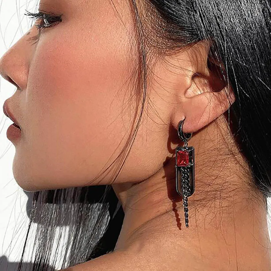 

luxury INS fashion chain zircon ear buckles retro personality RED zircon square brand unisex design earrings punk cool girl ACC