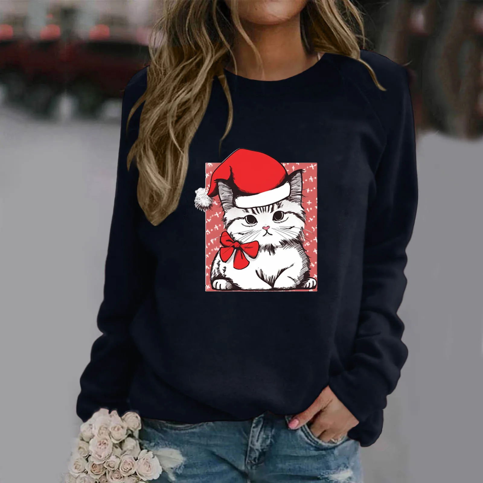 

Women's Christmas Casual Round Neck Raglan Long Sleeve Gift Knot Cat Print Pullover Sweatshirt Sweatshirt Colla Long Sleeve