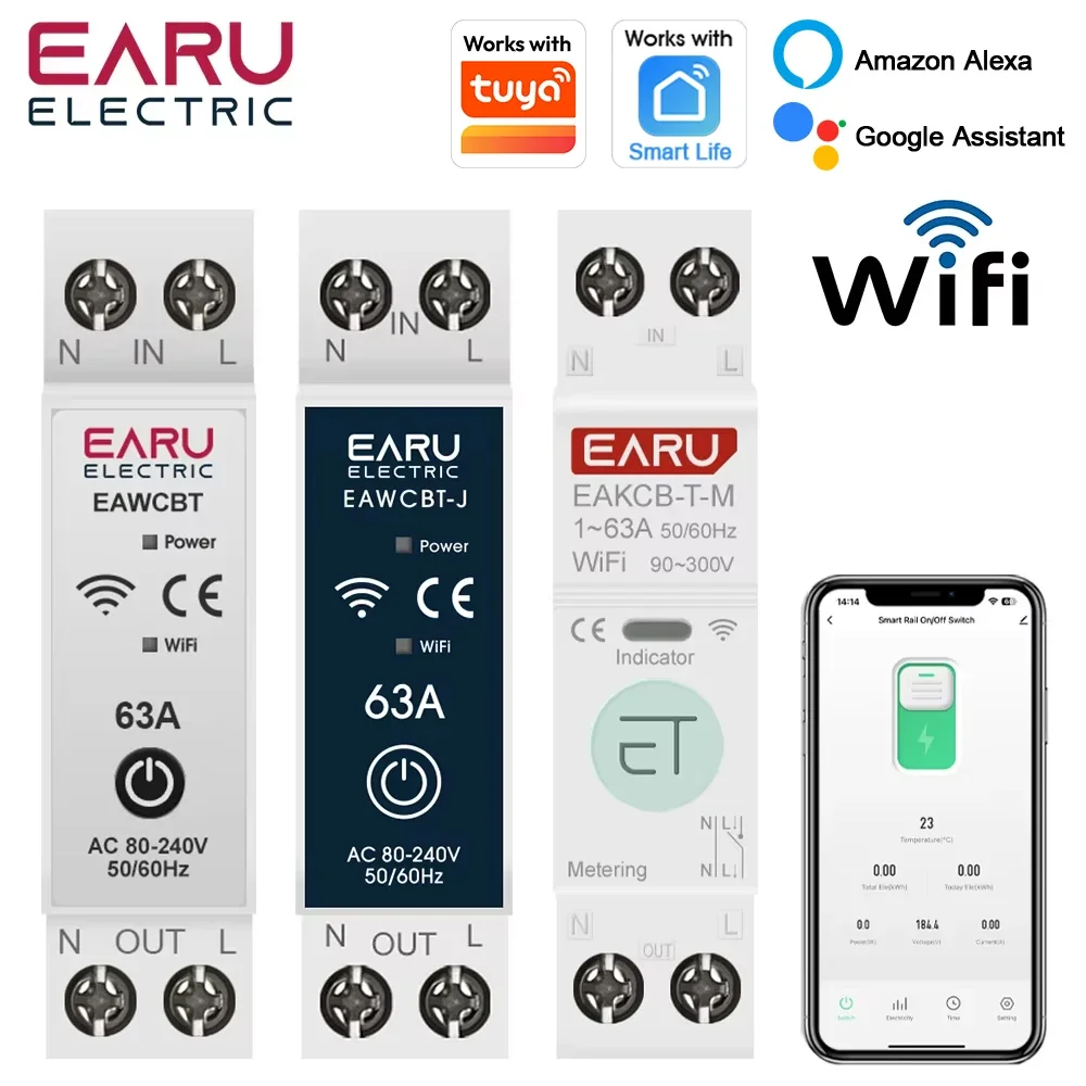 

EARUELECTRIC Автоматический выключатель Tuya Wi-Fi 1P+N 63A