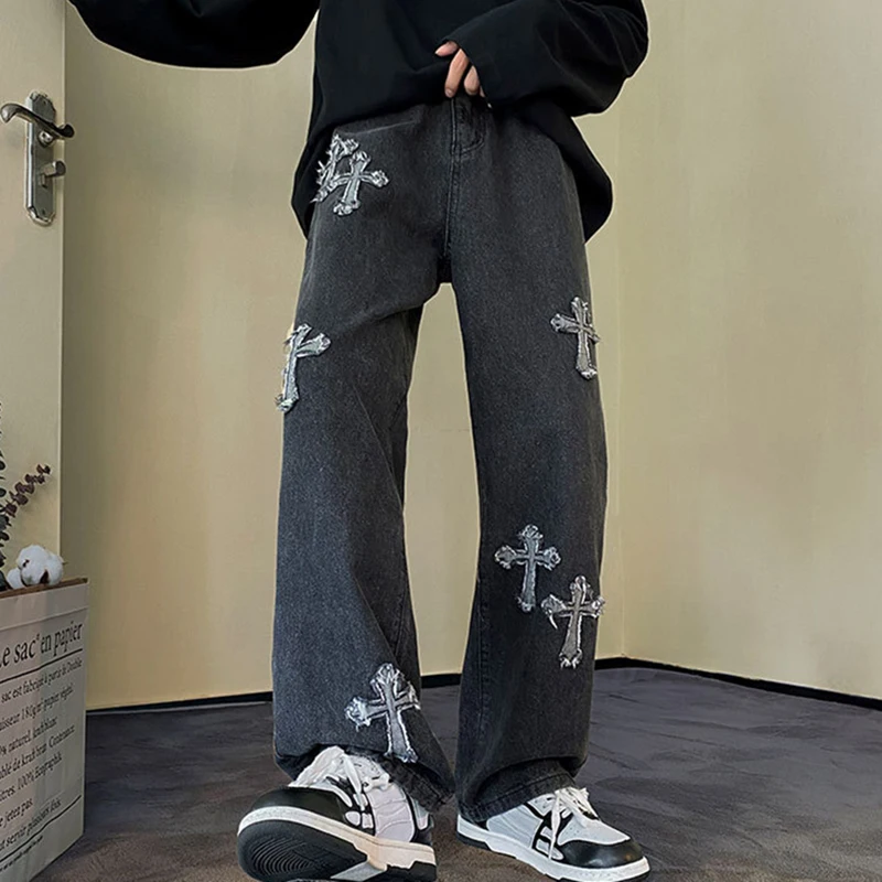 Vintage Wide Leg Jeans Men Fashion Loose Straight Casual Jean Retro Cross Print Trousers 2023 Spring Summer Male Y2k Streetwear