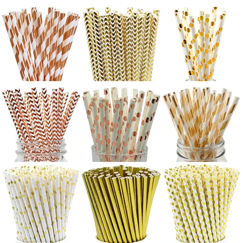 

25pcs Rose Gold Paper Straws Strip Dot Drinking Straw Disposable Tableware Party Supplies Wedding Birthday Party Decoration Kids