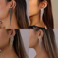long tassel gold black luxury shining zircon rhinestone fashion ear clip ear cuff cartilage clip earrings fashion jewelry