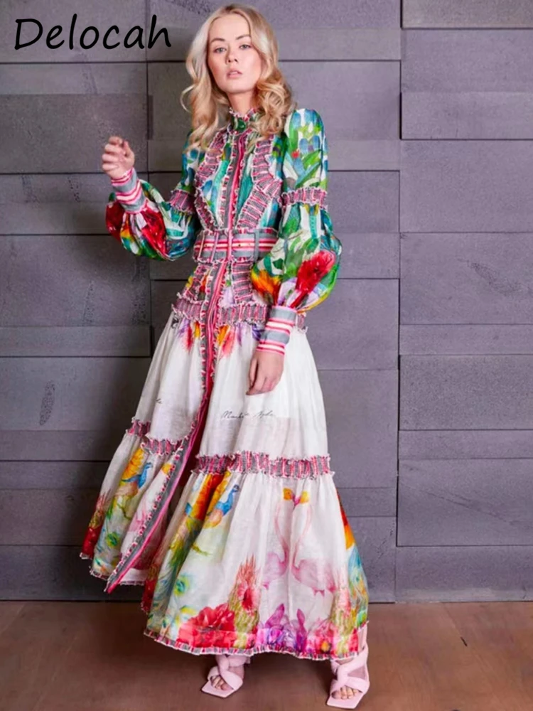 

Delocah/высококачественное осеннее женское модное дизайнерское платье трапециевидной формы с длинными рукавами-фонариками и поясом, с оборка...