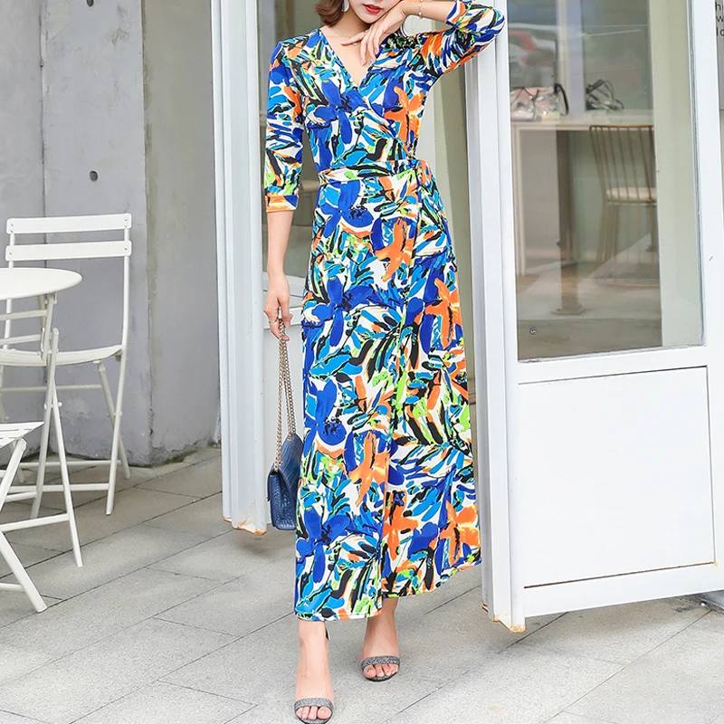 

Vintage Print Casual One-piece Warp Long Dress Sexy V Neck Sashes Belted-up Slim Maxi Dress Formal Occasion vestidos para mujer