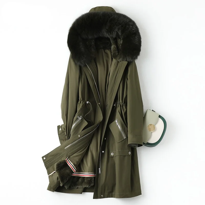 

Hooded Women Winter Rex Jacket Rabbit Fur Liner Parkas Female Autumn 2023 Warm Fox Fur Collar Coat Casaco Feminino Gxy687