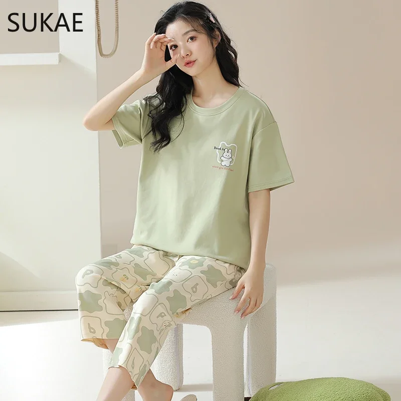 E damski zestaw piżam Capris rozrywka Cartoon do kolan bielizna nocna Lady z krótkim rękawem łydki Pijama ze sztucznej bawełny