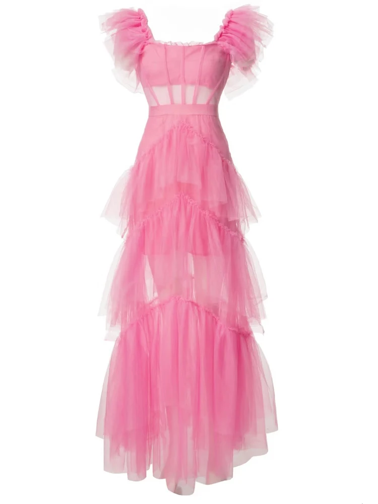 

High Quality Fashion Women'S Summer New Designer Celebrity Party Gorgeous Beach Sexy Elegant Girls Rose Red Mesh Long Dress