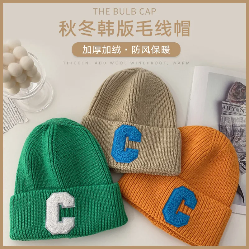Woolen Hat Ins Internet Celebrity C Letter Knitted Hat Female Autumn Outdoor Street Thermal Head Cover Beanie Hat Wholesale