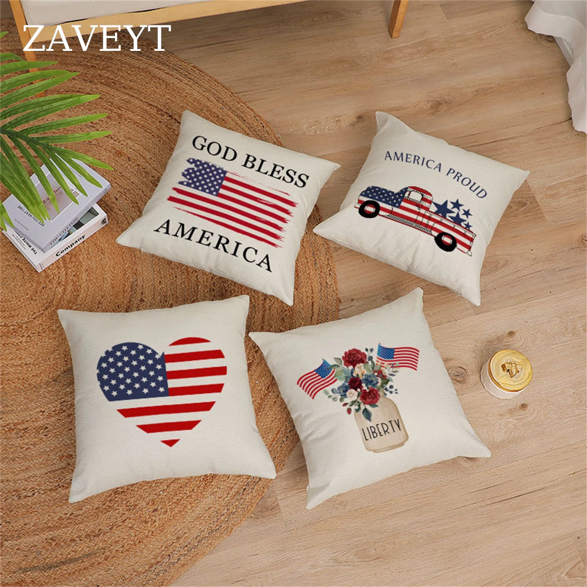 

ZAVEYT New Independence Day Of The United States National Flag Linen Cushion Cover Square Decorative Throw Pillow Case 45X45