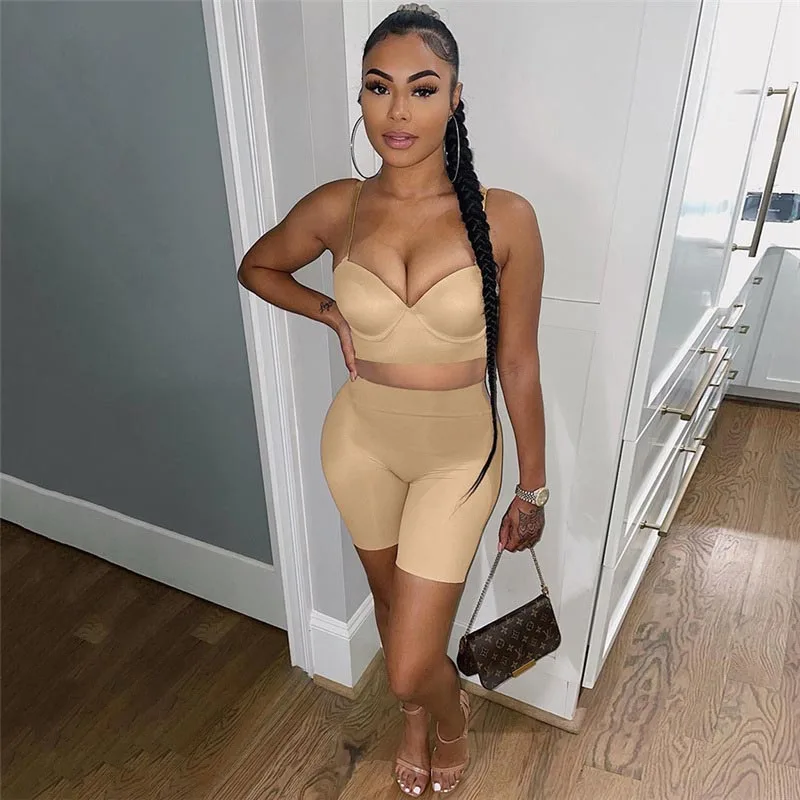 

2022 Women Spaghetti Strap 2 Two Piece Shorts Set Summer Sleeveless Sexy V-neck Solid Tracksuit Spring Slim Fit Bodycon Female