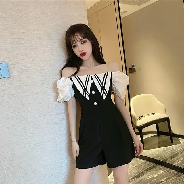 

Women 2022 Summer New Fashion Off Shoulder Jumpsuit Female Short Sleeve High Waist Playsuit Casual Ladies Wide Leg Bodysuit Q60