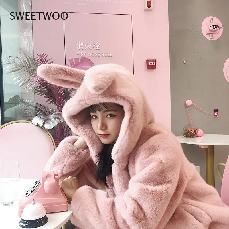 Winter Coat Women Faux Rabbit Hair Fur Coat Korean Hooded Imitation Mink Hair Long Jacket Loose Thick Warm Faux Fur Jacket Tide